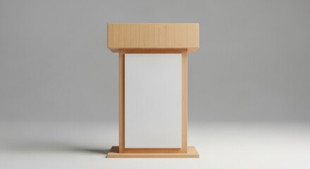 Wooden podium lectern with a blank white front panel for mockup or branding. 3D rendering of a presentation stand for a conference or speech.