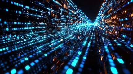 Digital tunnel of glowing, moving data squares