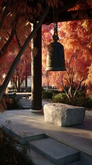 Large bronze bell hangs in a tranquil autumn garden.
