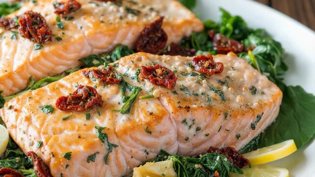 Delicious roasted salmon fillets with spinach, sundried tomatoes, artichoke hearts, and lemon.