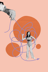 Collage of funny person navigating tangled lines symbolizing confusion challenge complexity...