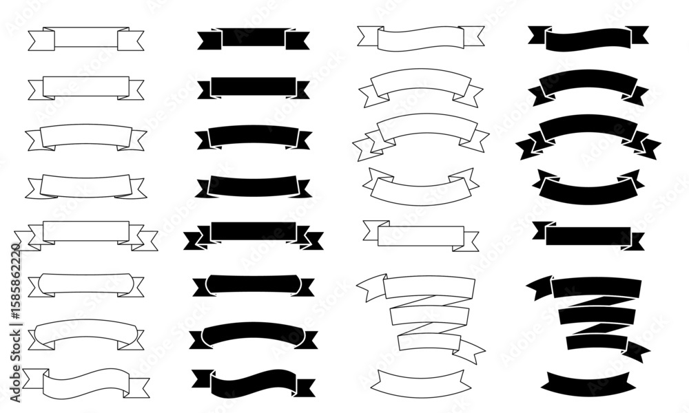 Fototapete collection of ribbon banner graphics in black and black outline versions with space for your text is