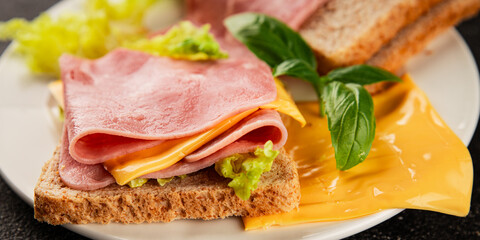 Sandwich ham, cheese, bread toast meat spam fresh delicious gourmet food background on the table rustic food top view copy space