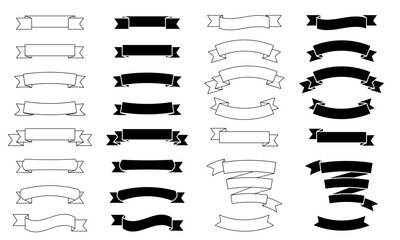 Collection of ribbon banner graphics in black and black outline versions with space for your text isolated on a transparent background