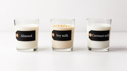 Vegan milk alternatives almond soy coconut – white background
