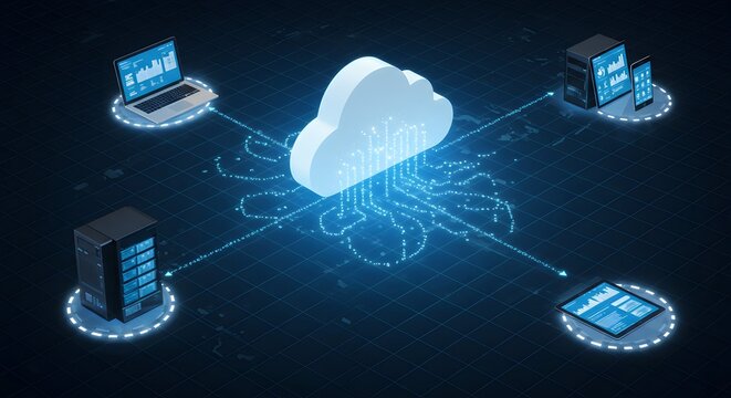 Cloud server connects multiple devices on virtual tech platform - Powered by Adobe