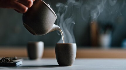Man pouring hot tea into a ceramic cup in a slow, mindful ritual. Steam rises from the hot drink, creating a calm, cozy, and relaxing atmosphere.

 - Powered by Adobe