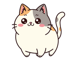 Cute kawaii chubby calico cat character. Adorable fat kitten with big happy eyes. Funny round cartoon vector illustration for stickers, prints, avatars, and nursery art. Isolated on white background.