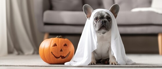 The adorable French bulldog dressed as a ghost next to a Halloween pumpkin.