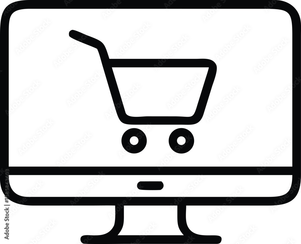 Aufkleber outline style icon of a shopping cart on a computer screen, vector