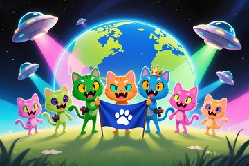 Cute and evil alien cats invading planet earth illustration