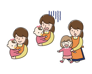 赤ちゃんを抱っこするお母さん　子育てする女性保育士のイラスト