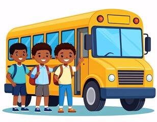 Joyful School Bus Ride: Three Smiling African American Boys Ready for Adventure