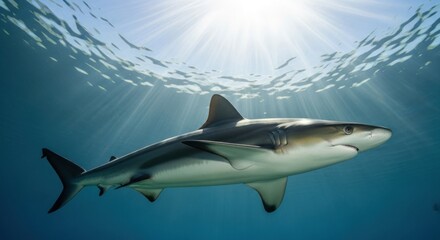 Fototapeta premium A powerful shark gracefully glides through the clear blue ocean as sun rays illuminate the water from above