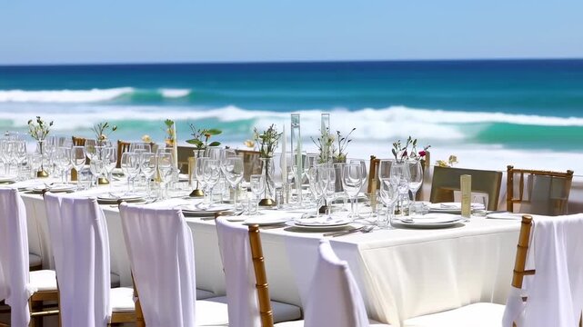 Beachside dinner table setting with white linens and clear glassware