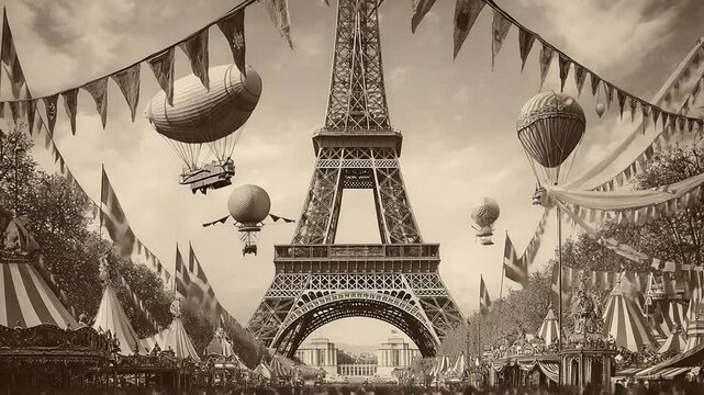 Eiffel Tower carnival with hot air balloons and festive decorations in a lively Paris setting