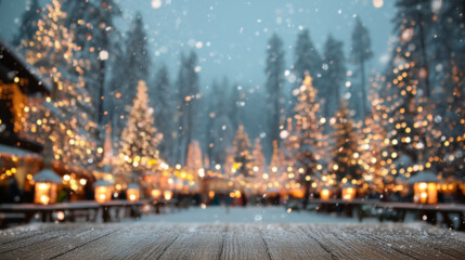 Frosty wooden platform with glowing forest and snow-covered Christmas trees, warmly lit winter holiday village background ideal for seasonal mockup or festive promotional design