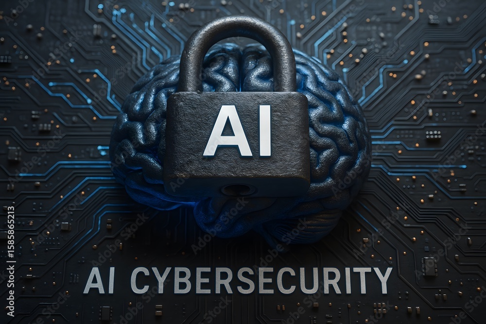Poster ai cybersecurity concept: artificial intelligence securing digital information and system.