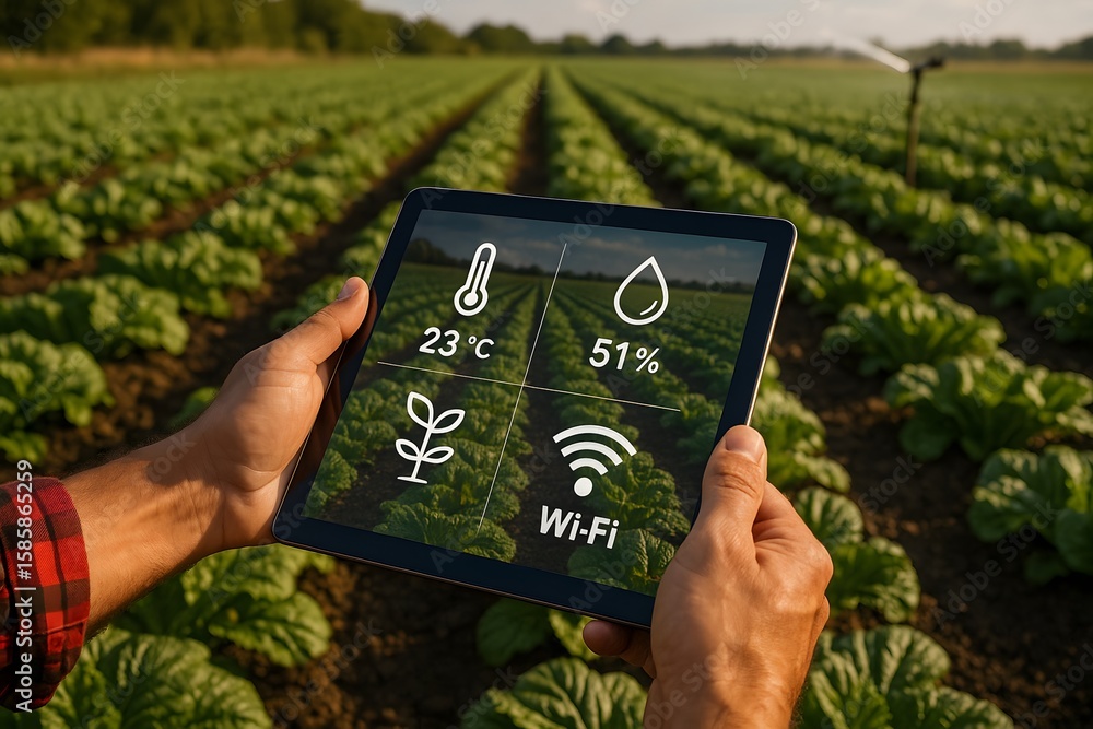Poster hands holding a tablet showing smart farming data in a lush, vibrant field. the screen displays real