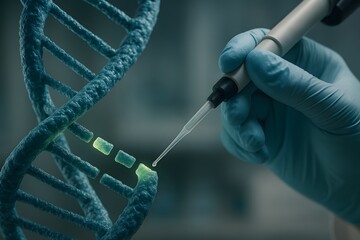 Scientific research and DNA manipulation in a laboratory setting. A gloved hand carefully manipulates a strand of DNA using a pipette, symbolizing advancements in genetics and medical science