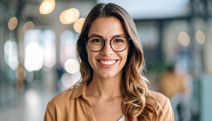 Fototapeta premium A happy and youthful female wearing glasses, smiling and directly addressing the camera.