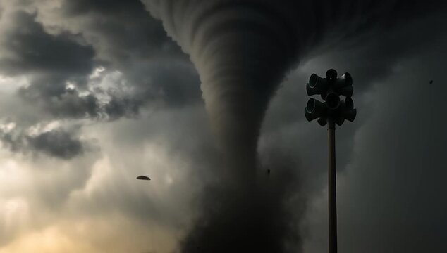 A tornado warning siren with a large twister in the background - animation, severe weather cyclone activity outbreak in area - copyspace, news alert, media announcement, tower horn sirens
