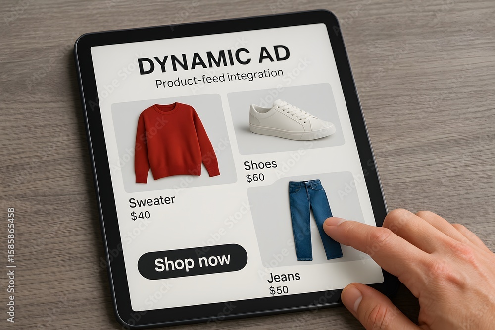 Poster a hand interacting with a tablet screen displaying a dynamic ad with products and prices