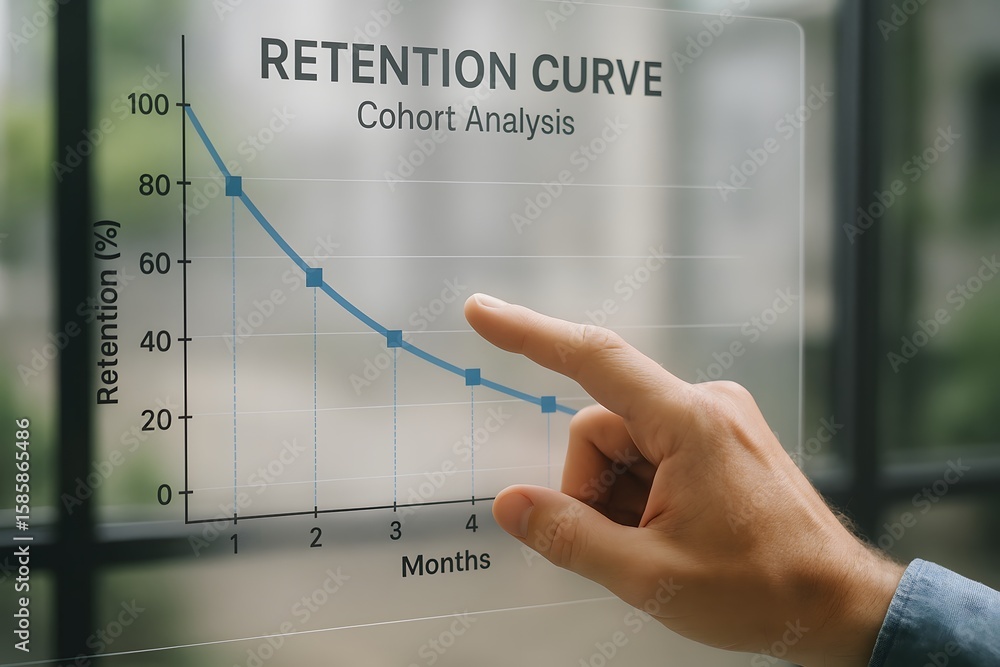 Poster analyzing the retention curve with a hand pointing. it shows cohort analysis