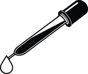 A black and white graphic illustration of a dropper with a liquid drop isolated on white background