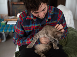 Ma&icirc;tre cherchant des puces sur son chat gris