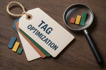 Tag Optimization concept, with tags and magnifying glass over wooden desk