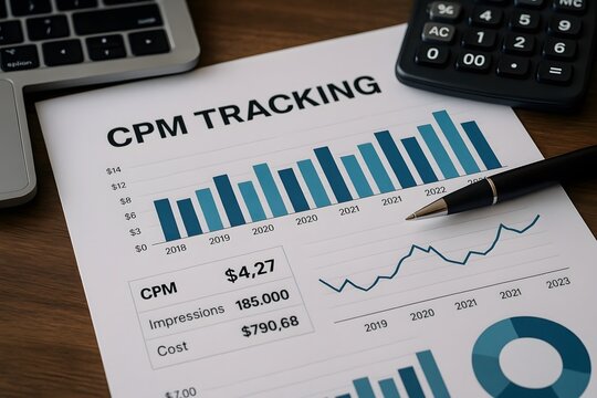 CPM tracking report with bar and line charts on desk