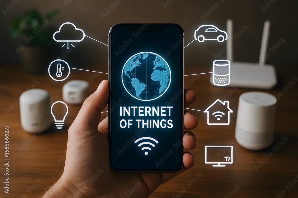 Poster internet of things concept displayed on smartphone with connected device icons
