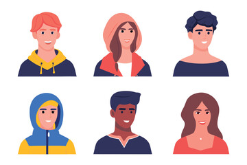 Portrait of people faces :Diverse portraits of individuals showcasing unique faces in flat design , capturing emotions and expressions to evoke connection. 