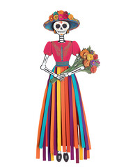 Obraz premium Dia de los Muertos skeleton paper doll with hat, dress and holding flowers, isolated on white or transparent background