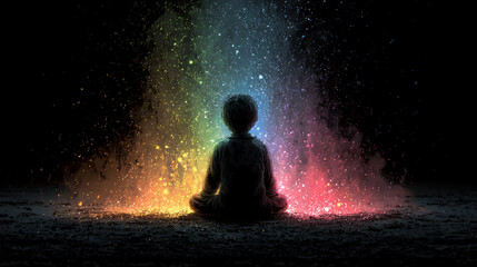 Obraz premium A child sitting on the ground with their back to us, they have a rainbow-colored aura surrounding them