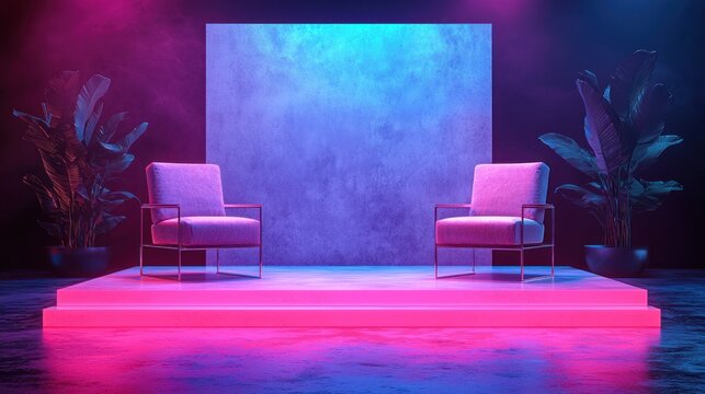 Empty stage with two armchairs, vibrant neon lighting, and tropical plants