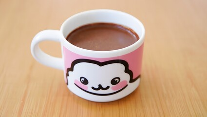 Cute cartoon character mug filled with hot chocolate on a wooden table