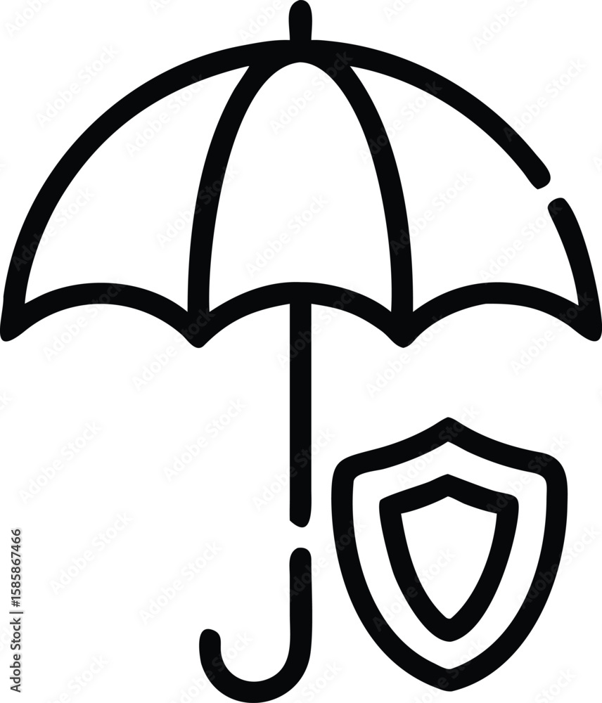 Poster outline umbrella and shield icon for protection and security concepts