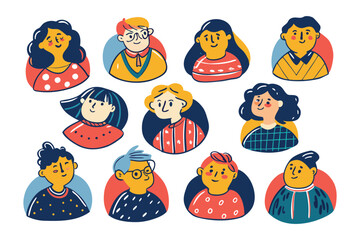 Illustrated Faces: A diverse collection of illustrated faces, each radiating unique personality, offering a vibrant showcase of individuality, suitable for various design projects. 