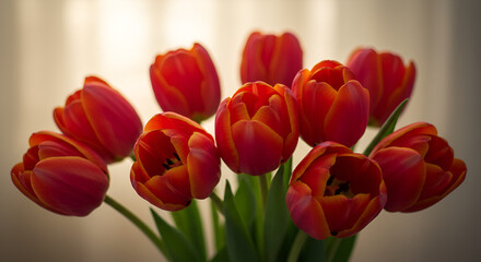 Fototapeta premium Vibrant red tulip bouquet with soft lighting creating a cheerful atmosphere