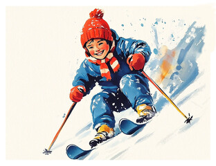 Obraz premium Cheerful watercolor illustration of a child skiing downhill in winter clothes and a red hat. Joyful New Year or Christmas scene, perfect for holiday cards and seasonal decorations.