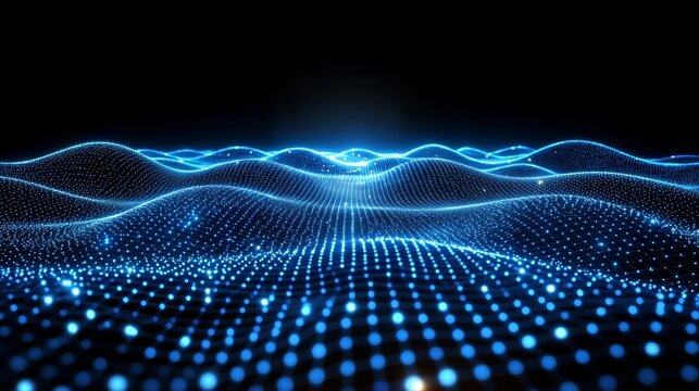 A blue digital grid wave glows against a dark background, representing technology and connectivity
