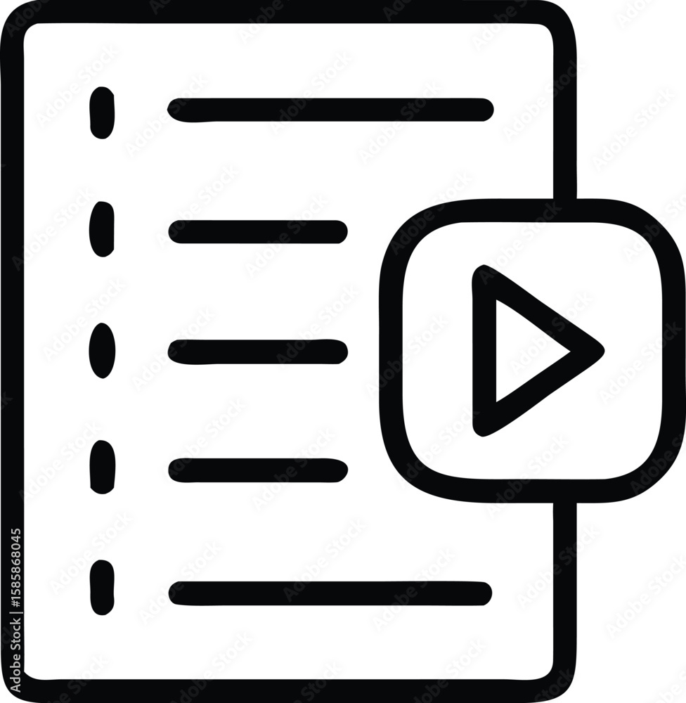 Poster outline video playlist icon with lined document and play button symbol