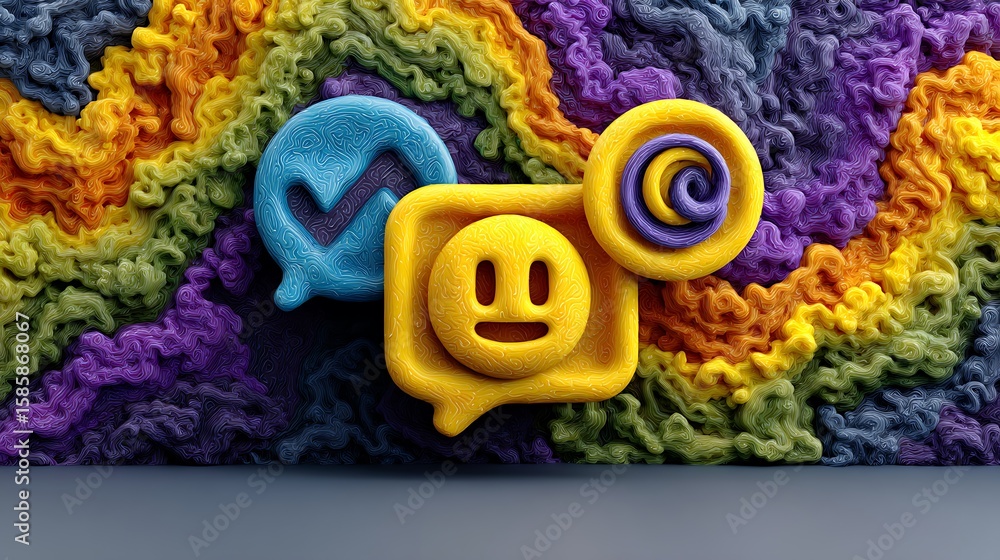 Poster a composition of stylized directional cues and feedback icons in retro 3d rendering, hovering above 