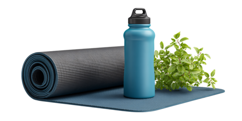 Yoga mat and blue water bottle with green plant on a blue mat indoors Concept of wellness, healthy lifestyle, exercise, and mindfulness
