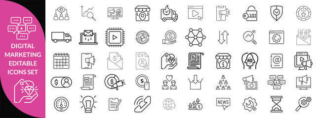 Digital Marketing Line Editable Icons set. Vector illustration for web and mobile app. Marketing related icons advertising, ecommerce, seo, content, streaming, website, social media, and more