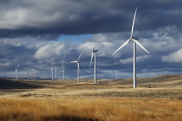 Wind turbines generate clean energy on a golden hillside under dramatic, cloudy skies offering a...