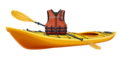 Yellow kayak with paddle and orange life vest, ready for outdoor water adventure and summer recreation Concept of kayaking, safety, and watersport