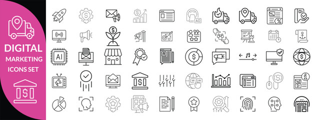 Digital Marketing Line Editable Icons set. Vector illustration for web and mobile app. Marketing related icons advertising, ecommerce, seo, content, streaming, website, social media, and more